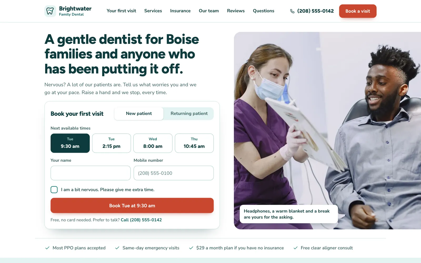 Brightwater Family Dental website homepage on desktop