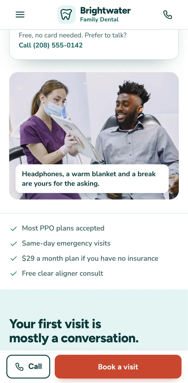 Brightwater Family Dental on a phone, screen 2