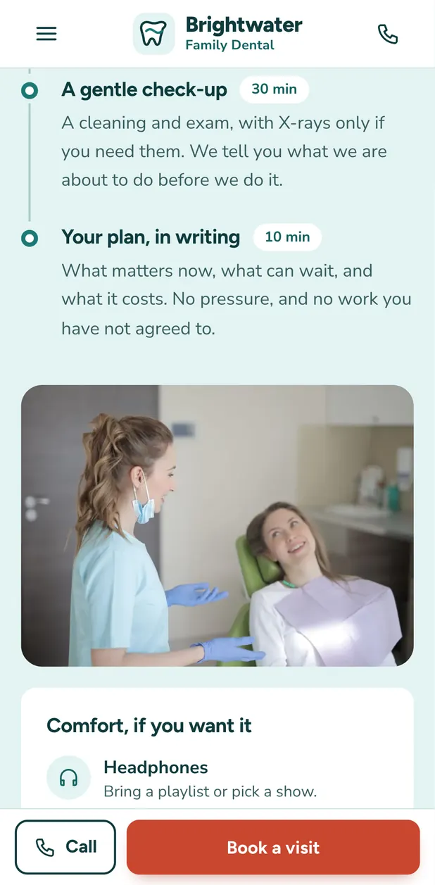 Brightwater Family Dental on a phone, screen 3