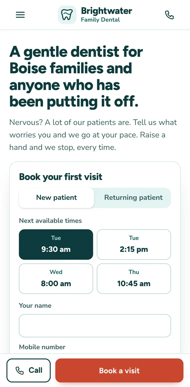 Brightwater Family Dental website on a phone