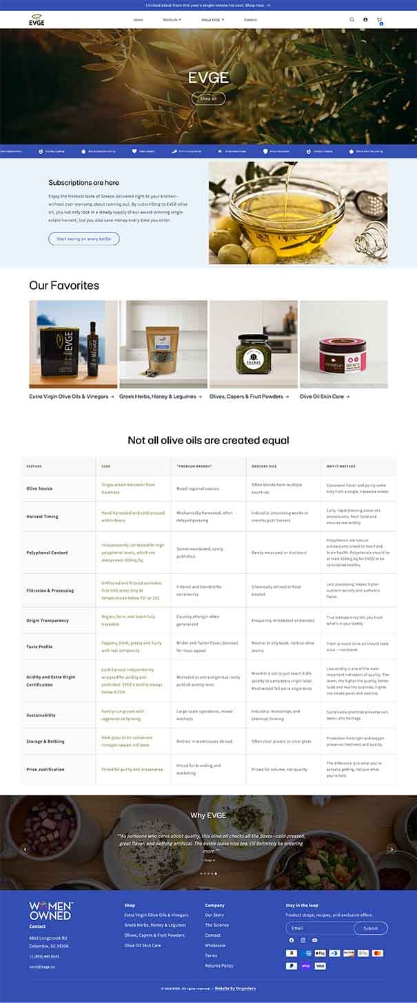 EVGE ecommerce website with olive oil imagery and product collections