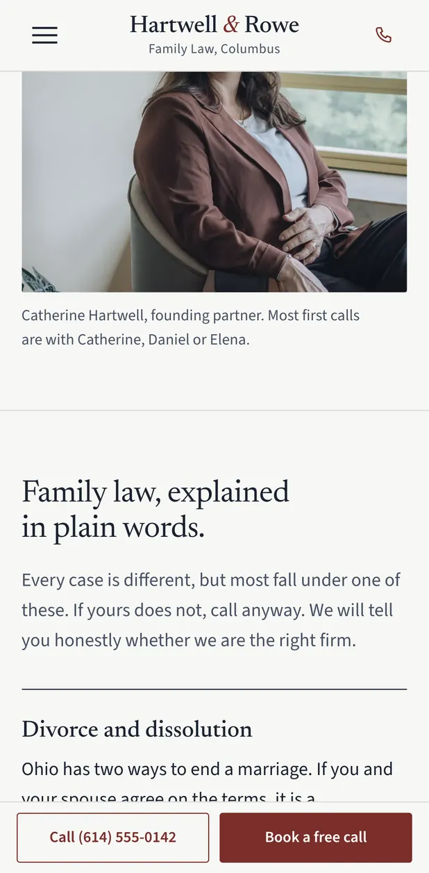 Hartwell & Rowe Family Law on a phone, screen 2