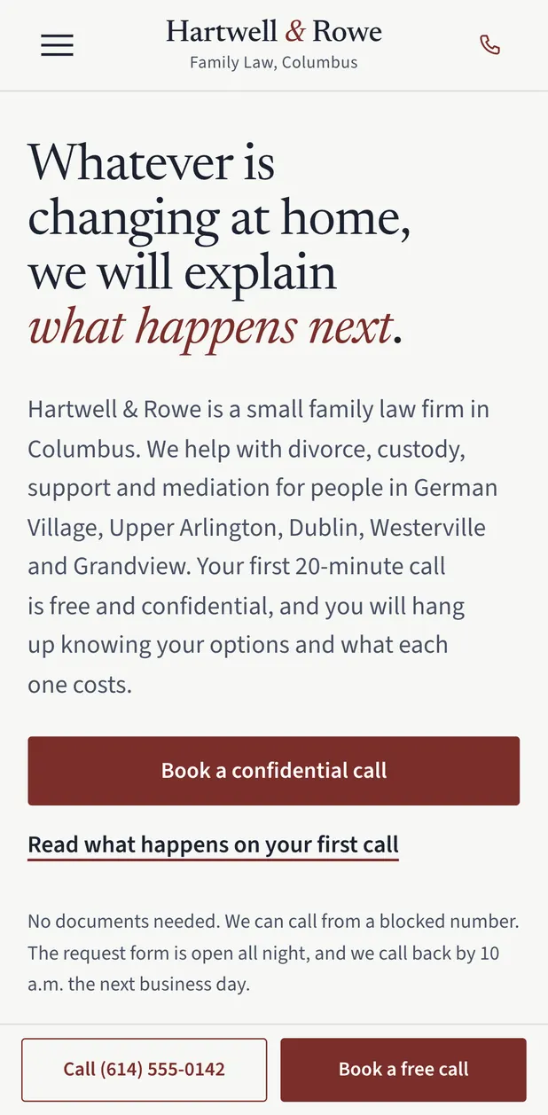 Hartwell & Rowe Family Law website on a phone
