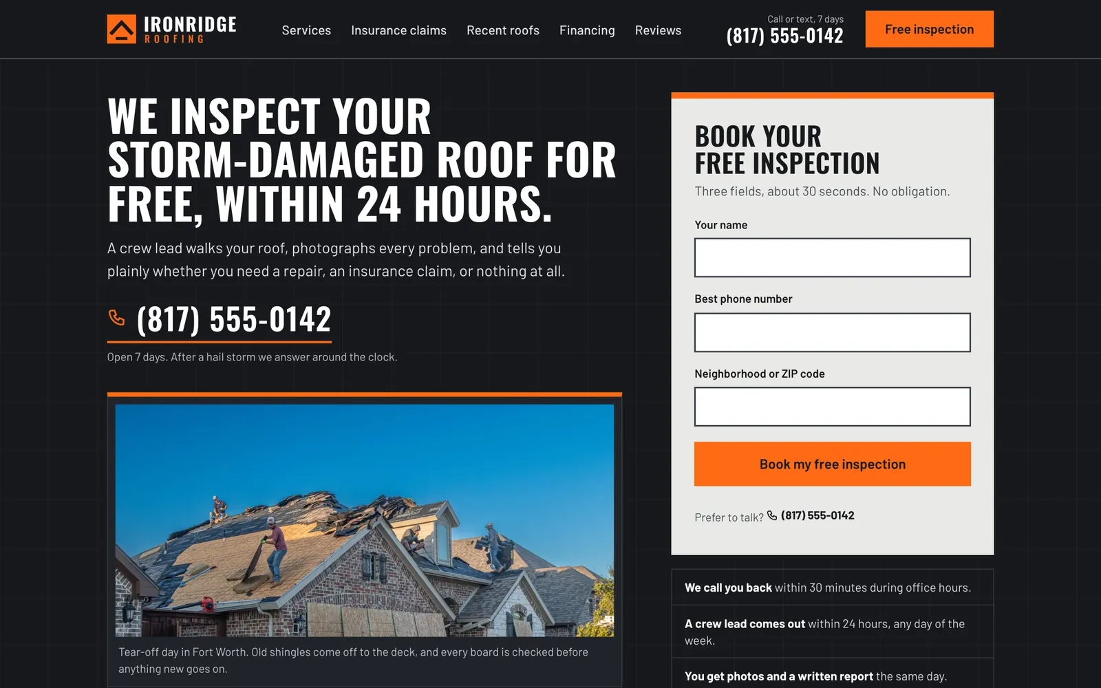Ironridge Roofing website homepage on desktop
