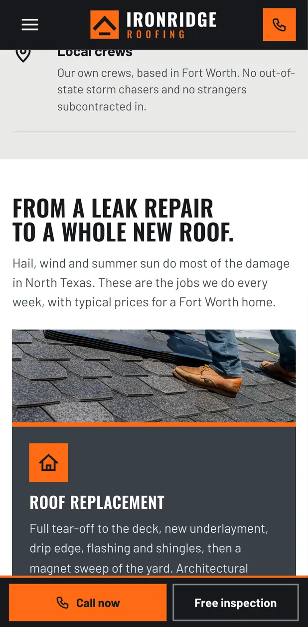 Ironridge Roofing on a phone, screen 3