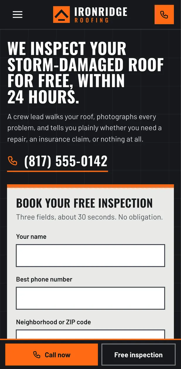 Ironridge Roofing website on a phone