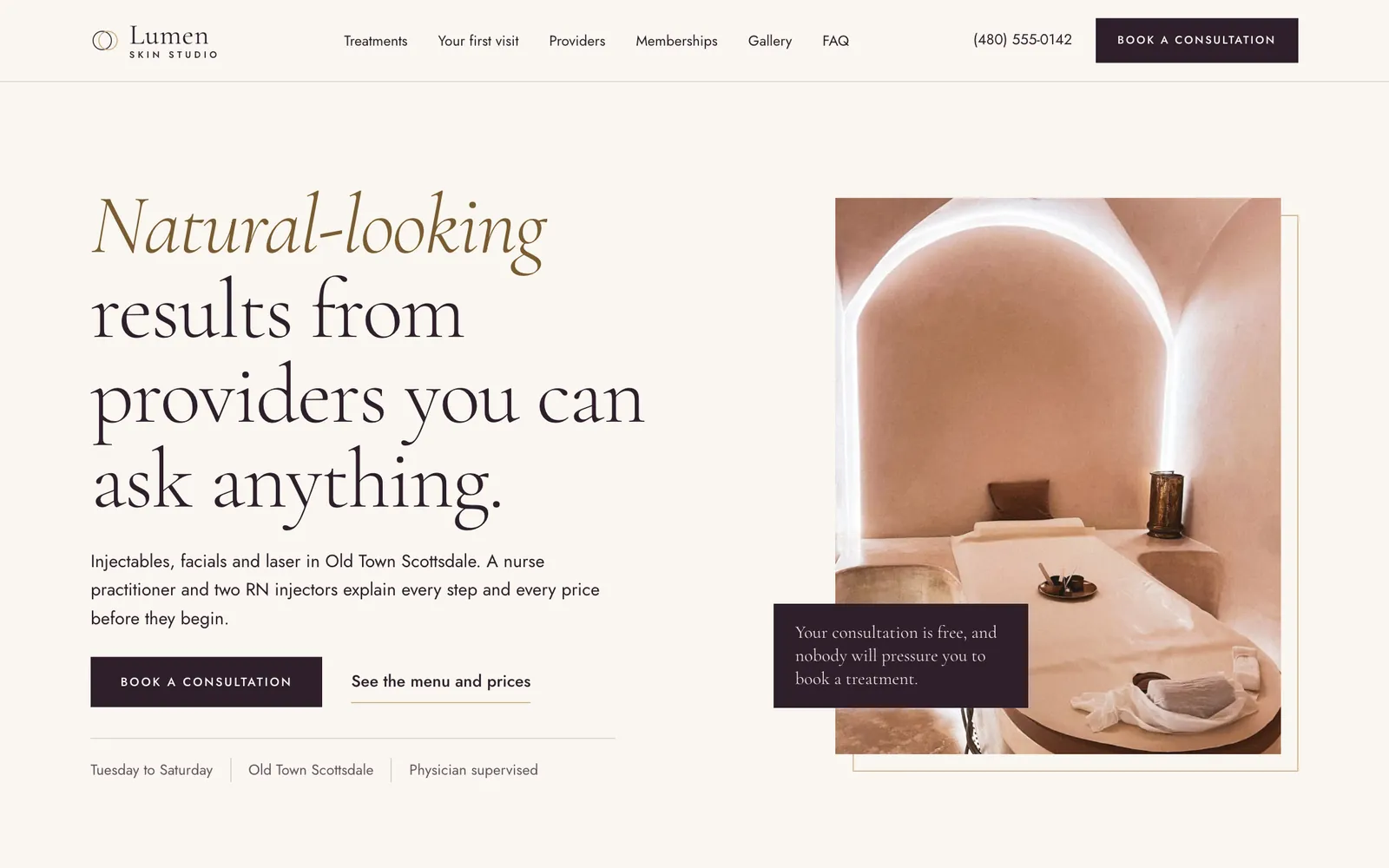 Lumen Skin Studio website homepage on desktop