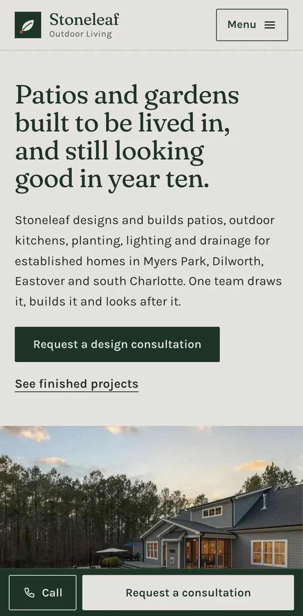 Stoneleaf Outdoor Living website on a phone