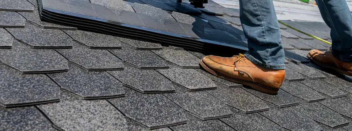 Close view of dark architectural shingles being nailed down on a roof slope